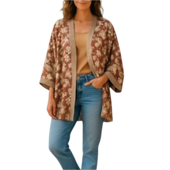 Soho New York & Co Woman's X-Large Open Front Floral Cardigan Taupe Yellow White - Picture 1 of 13